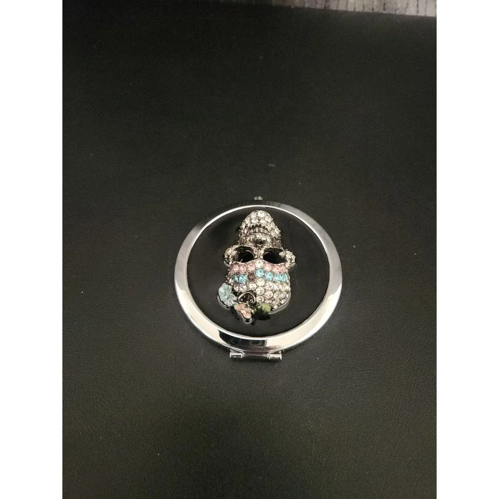 Glossy Black Skull Compact Mirror Rhinestone 3D Double Sided Pre-Owned